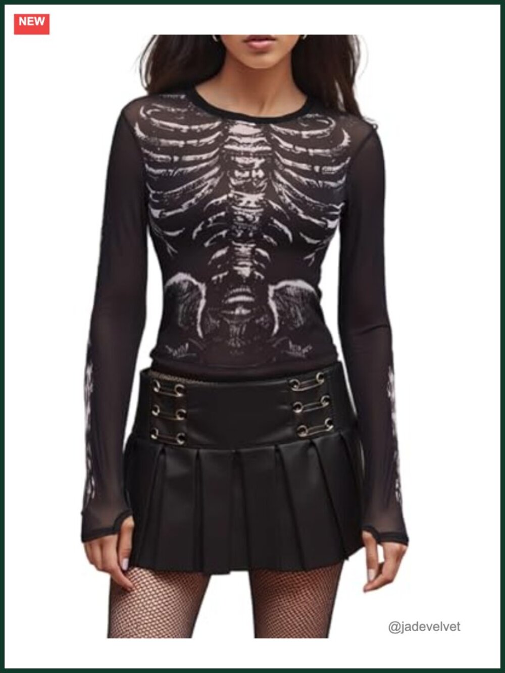Womens Skeleton Print Mesh Long Sleeve Gothic Graphic Tee See Through Fitted